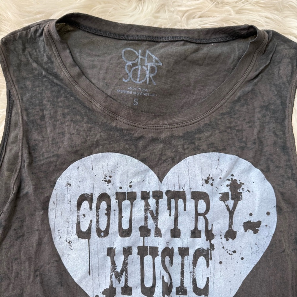 Chaser Country Music Graphic Tank Small Gray Distressed Heart Sleeveless Tee - Picture 4 of 4